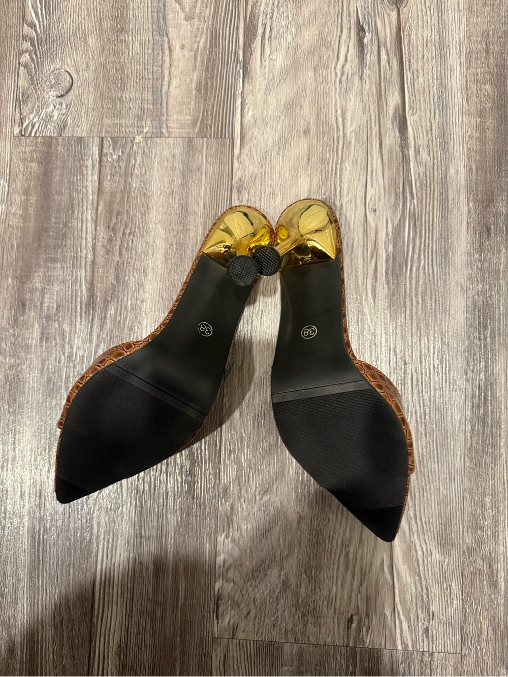 Avon Brown Croc-Embossed Open-Toe Stiletto Heels with Gold Heel - Picture 4 of 5